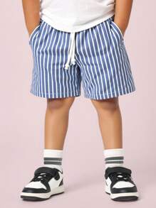 Boys' Casual Comfortable Versatile Striped Printed Pattern Shorts, Suitable For Spring, Summer, Vacation - Blue - View 5