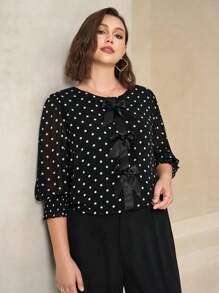 Chikora 大码女式优雅雪纺衬衫，七分袖，蝴蝶结装饰，白色圆点上衣，适合工作和通勤 - 彩色 - 查看 5