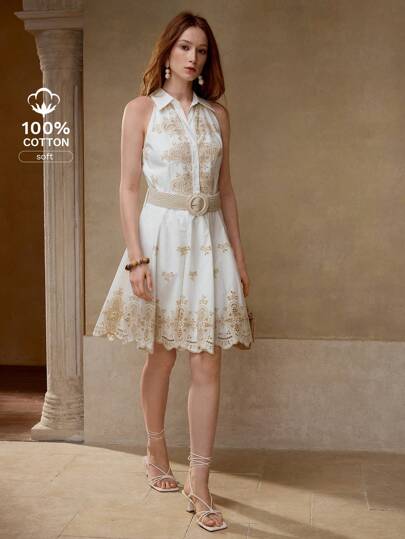 MOTF PREMIUM FLORAL EMBROIDERY BELTED DRESS