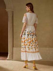 MOTF PREMIUM VESTIDO CON ESTAMPADO FLORAL Y ENCAJE DE CONTRASTE - Amarillo - Ver 4