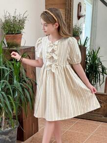LMoss Kids LMoss Tween Girls Woven Striped Round Neck Puff Sleeve Fitted Casual Dress - Multicolor - View 5
