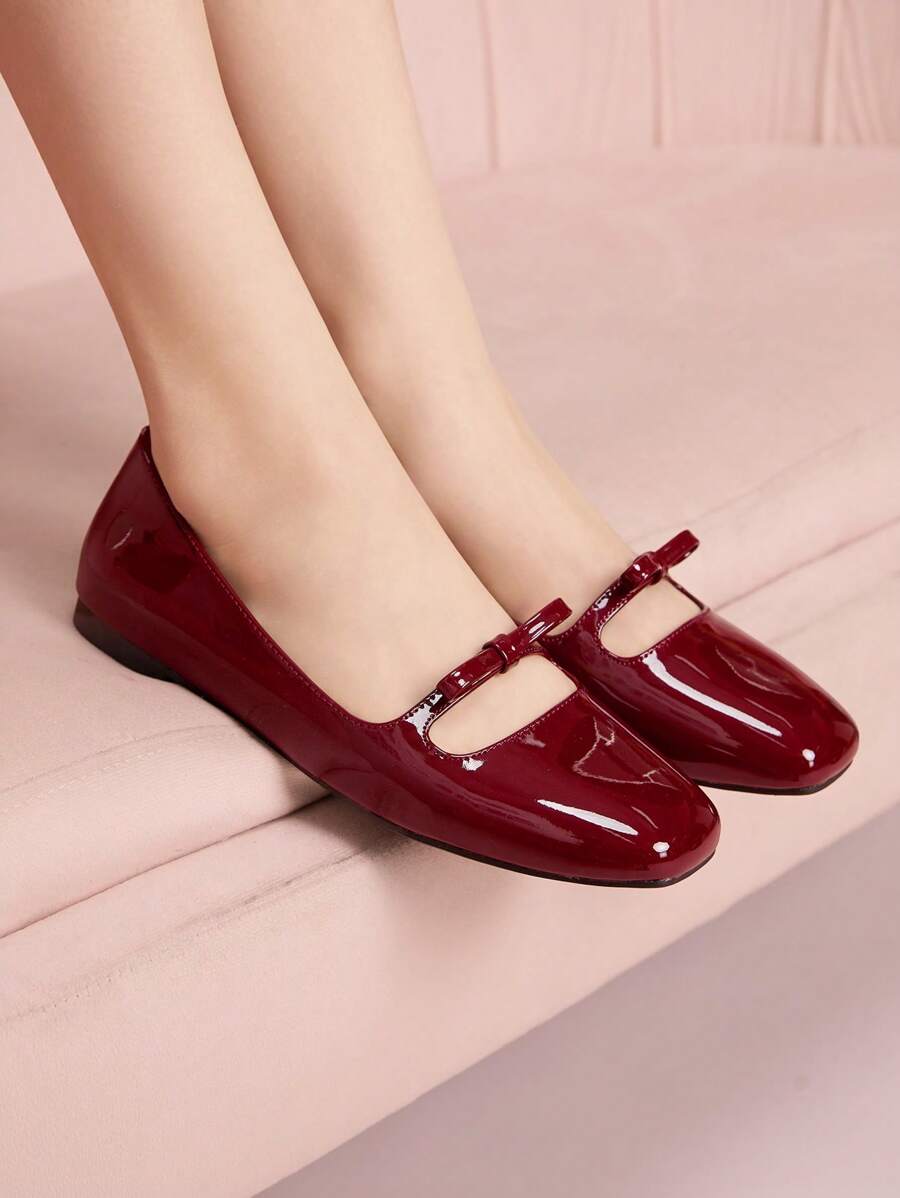 CUCCOO DOLLMOD Wine Red Round Toe Strap Bow Ballerina Flats, Fashion Comfortable Women Shoes For Commute, Party, Outing, Vacation For Christmas Spring Shoes - Burgundy - View 1