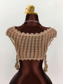 Amplova 女士蕾丝边透明钩针领带衬衫 - 卡其色 - 查看 2