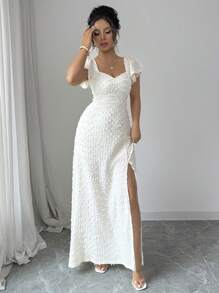 Rafferiza Solid Color Backless Bowknot With Lotus Sleeve High Slit Elegant Summer Vacation Date Long Dress - Apricot - View 6