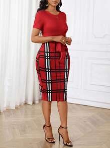 SHEIN Lady Đầm nữ cổ sơ mi đen in họa tiết thiết kế khóa kéo ôm vừa vặn - Đỏ - Xem 4