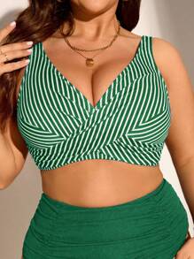 Swim Lushoire 1 件大码女式条纹印花休闲时尚泳装上衣 - 墨綠色 - 查看 6