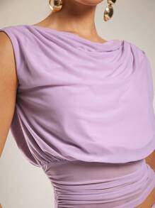 Silquee Women's Elegant Summer Pink And Purple See-Through Skirt With A Drop Neck And Off-Shoulder Top With Asymmetric Design, Pleated Two Pieces Suit, Suitable For Seaside Vacation And Graduation