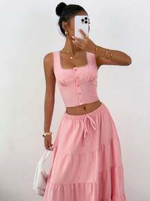 SHEIN EZwear 2pcs/Set Women Summer Casual Front Button Up Top And Ruffle Hem Skirt Set - Pink - View 6