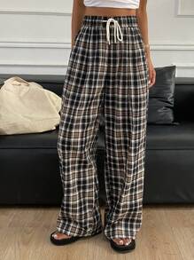 DAZY Plaid Drawstring Wide Leg Pants, Casual Street Style Women Long Trousers, Summer - Navy Blue - View 5