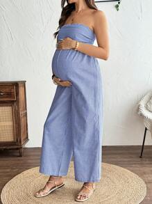 SHEIN Maternity Striped Jumpsuit, Fitted Summer Wear - Blue - View 4