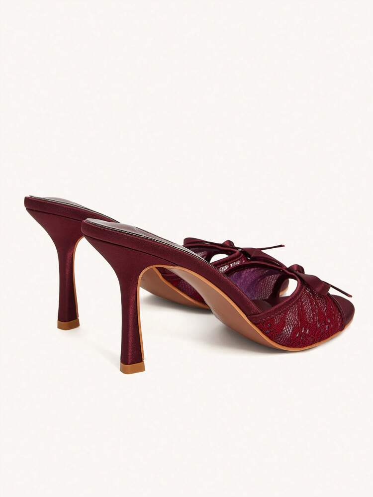 CUCCOO CHICEST Women's Wine Red Satin & Mesh Bow Design Fashion Round Toe High Heel Mules For Christmas Elegant Shoes Wedding Shoes Summer Shoes Bride Shoes