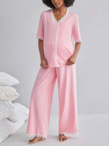 BloomMama Maternity Short Sleeve Nursing Pajama Set 2 Pack With Lace&Button,Lounge Set Fashion Sleepwear
