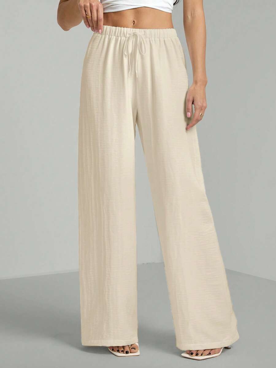SHEIN Tall Loose Cotton Drawstring Waist Trousers In Textured Crinkle Fabric,Cargo Pants - Apricot - View 1