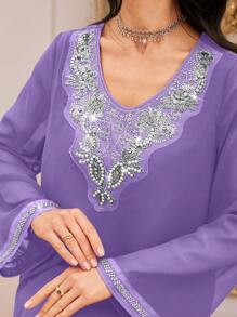 Al Najma Women's Elegant Long Sleeve Arabic Dress With Crystal And Faux Pearl Decor, Modest - Purple - View 1