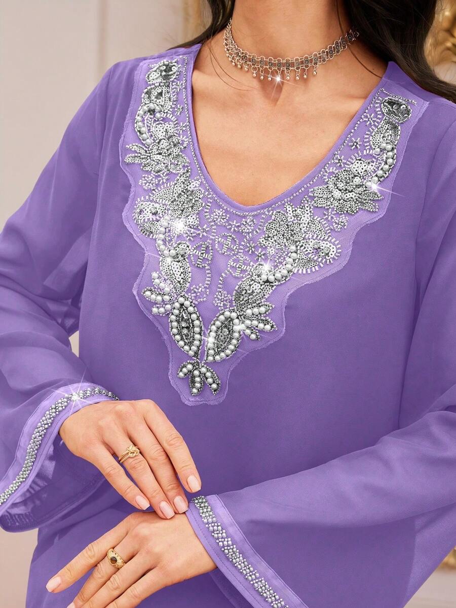 Al Najma Women's Elegant Long Sleeve Arabic Dress With Crystal And Faux Pearl Decor, Modest - Purple - View 1