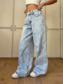 SHEIN Denim Leve Lavado Cintura Baixa Baggy Perna Larga para Adolescentes com Bolsos Decorados com Estampa de Laço Fofo, Roupas de Praia Boho de Verão para Meninas, Casual para Concerto de Verão, Brunch de Verão, Igreja, Formatura - Lavagem clara - Visão 4