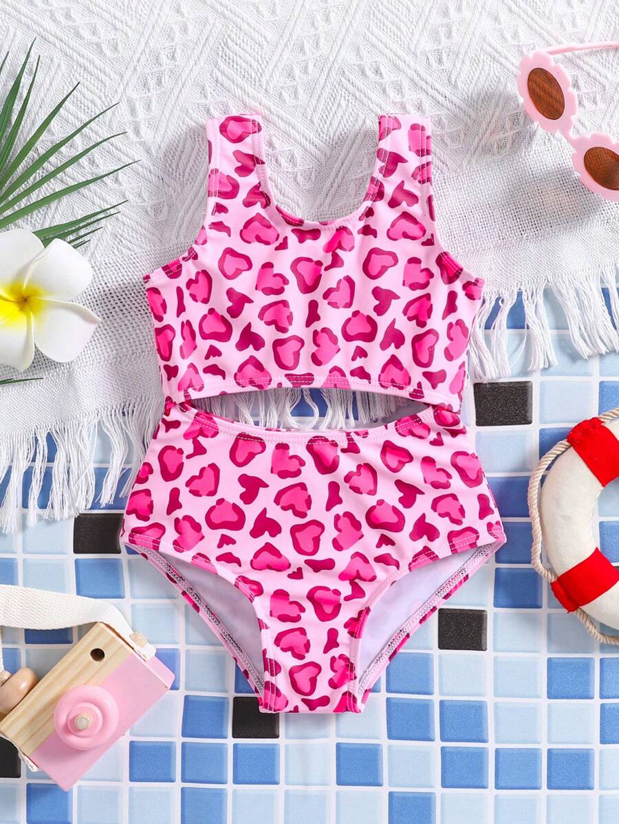 SHEIN Babygirl 夏季可爱休闲针织粉色豹纹泳衣 - 粉色 - 查看 1