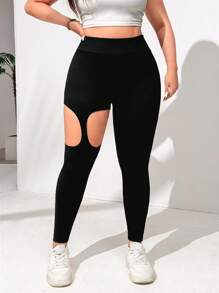 SHEIN EZwear Colanți de damă cu scobituri în carouri, culoare uni, mărime plus, pentru purtare zilnică