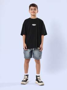 SUMWON 超大号青少年街头服饰团队运动标志棉质 T 恤运动校队风格休闲活力训练时尚男童上衣 - 黑色 - 查看 3