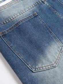 Manfinity LEGND Pantalones cortos de mezclilla con efecto desteñido, bloque de color, bolsillo, borde deshilachado y cordón en la cintura para hombres