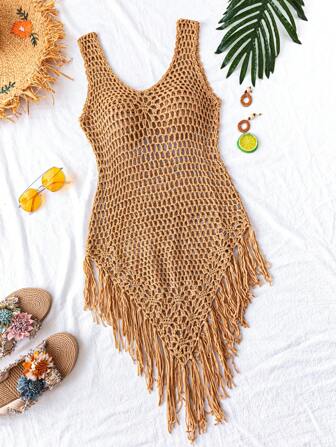 Breezaya Solid Color Fringe Decor Asymmetric Hem Sleeveless Chiffon Dress Tunic For Summer Beach Vacation