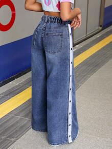 SHEIN Tween Girl Spring Summer Contrast Color Button Loose Pocket Casual Versatile Baggy Wide Leg Jeans, Casual Concert Rave Festival Fall Winter