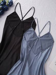 SilkySpell 双色纯色交叉带缎面女式睡袍