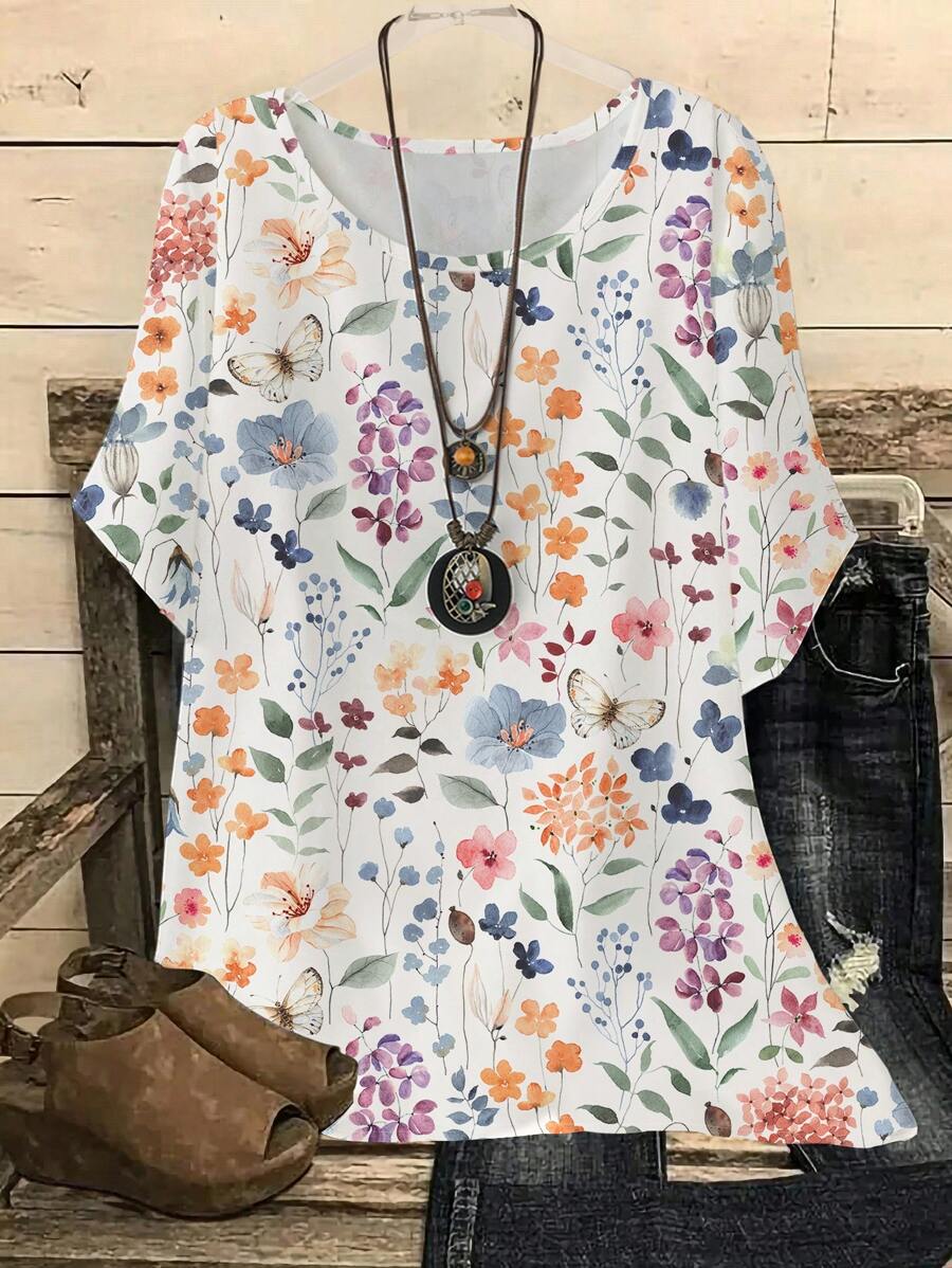 EMERY ROSE Watercolor Floral Print Casual Loose Round Neck Short Sleeve Plus Size Shirt, Suitable For Summer - White - View 1