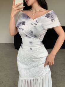 Modelyn 女式网眼花卉十字图案性感夏季T恤 - 杏色 - 查看 4