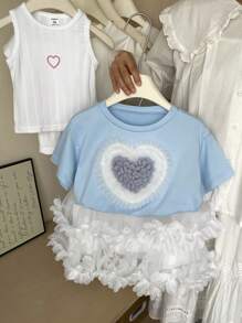 SHEIN 2 pezzi Set bambina - maglietta a maniche corte con scollo tondo e cuore 3D + gonna a ruota stile torta. Design elegante a cuore 3D, gonna a ruota stile torta, adatta per gioco all'aperto, casual a casa, attività scolastiche, feste di compleanno e altre occasioni, permettendo alla tua piccola principessa di godersi l'estate gioiosa! - Multicolore - Visualizzare 7