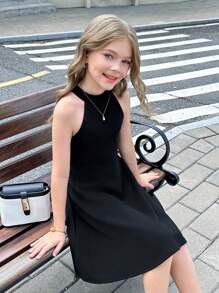 SHEIN Robe noire unie décontractée pour préadolescentes, col montant, sans manches, à taille empire
