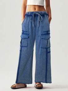 Bohemela Pantalones anchos con bolsillos de punto de unicolor informal para mujeres