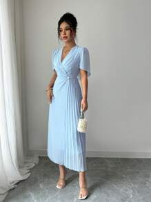 Gloray Einfarbiges Chiffon-Modegewand mit geraffter Taille, elegantes plissiertes Kleid