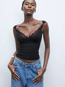 Maija Áo thun hở vai phối ren ôm vừa vặn màu đen, hàng mới 2025 mùa hè, thích hợp mặc cho khách dự tiệc cưới, tiệc sáng muộn, sân bay, kỳ nghỉ, lễ hội, tốt nghiệp, mặc hàng ngày - màu đen - Xem 4