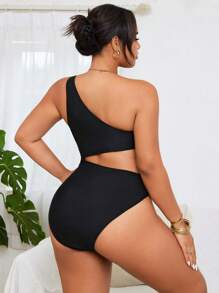 Swim Vcay Plus Size Women Solid Color One Shoulder Vacation One Piece Swimsuit For Summer - Black - View 2