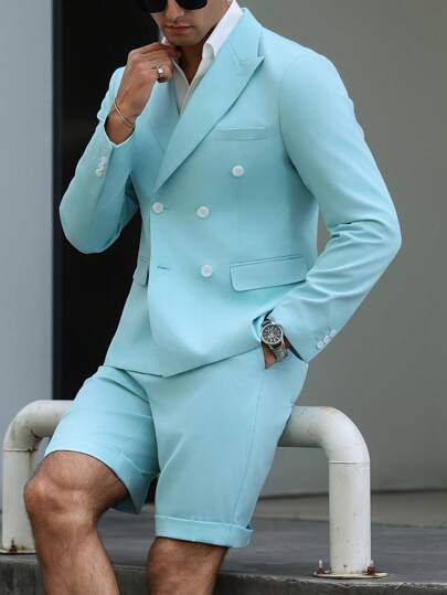 Manfinity Mode Men's Casual Double-Breasted Blazer And Shorts 2-Piece Suit Set
