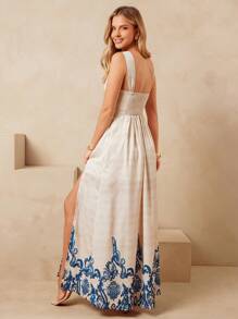 L'Amorae Vestido largo de verano con estampado, escote cortado y smock sin mangas, atuendo de Ibiza - Multicolor - Ver 4