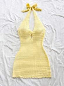 Soleia 度假露背系带镂空浅黄色女式针织连衣裙，适合音乐节、海滩波西米亚风、假日约会、下午茶 - 黃色 - 查看 4