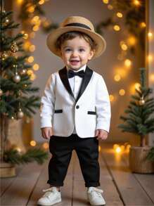 SHEIN 2pcs Baby Boy Winter White & Black Contrast Collar Cardigan Jacket And Elastic Waist Pants Set, Suitable For Birthday Party, Christmas Party, Christening, 1st Birthday Celebration, Formal Occasions, Performances, Weddings, Baby Showers