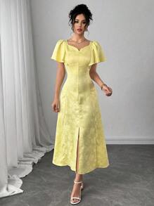 Modelyn Floral Jacquard Solid Color Dress, Fashionable For Summer - Yellow - View 4