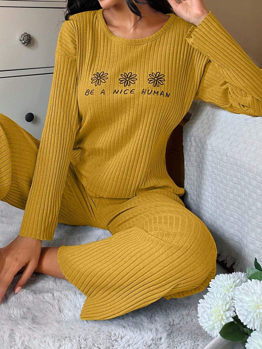 RueChic Floral and Slogan Graphic Ribbed Knit Tee & Pants Lounge Set - Yellow - View 1