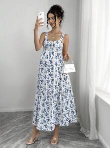 SHEIN Vestido de maternidad de verano con cuello cuadrado, sin mangas, con cintura ceñida y estampado floral miniatura en todo el vestido