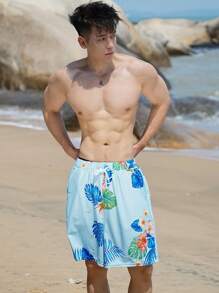 Quần short đi biển họa tiết hoa màu xanh dành cho nam mùa hè, phong cách Hawaii - Màu xanh lam - Xem 3