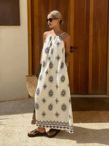 DAZY Elegant Ladies Summer Lace Print Bohemian Style Sleeveless Dress, Vacation Wear Cruise Outfit For Women - Apricot - View 3