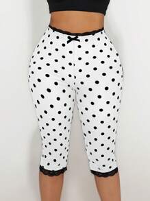 Sirith Women's Lace Trim Bow Polka Dot Print Capri Leggings - White - View 1
