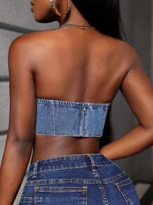 SHEIN VaVaLuxe Women's Fashionable Crop Top Denim Shirt - Blue - View 3