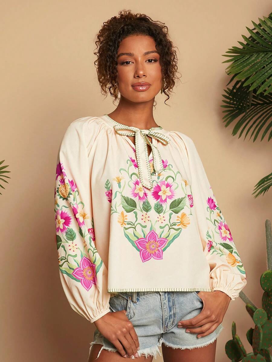 Travachic Women's Vacation Floral Printed Tie Neck Raglan Sleeve Long Sleeve Shirt - White - View 1