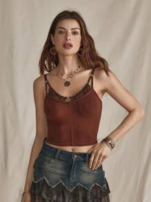Wildy Camicia marrone stile country americano estiva, con scollo a V e inserti in pizzo, con cinturini regolabili