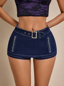 SHEIN ICON Women's Summer Casual Washed Denim Shorts - Blue - View 4