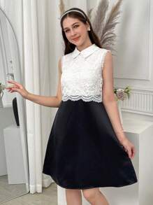 Teenage Girl Contrast Lace Contrast Color Sleeveless Fashion Dress - Black - View 3